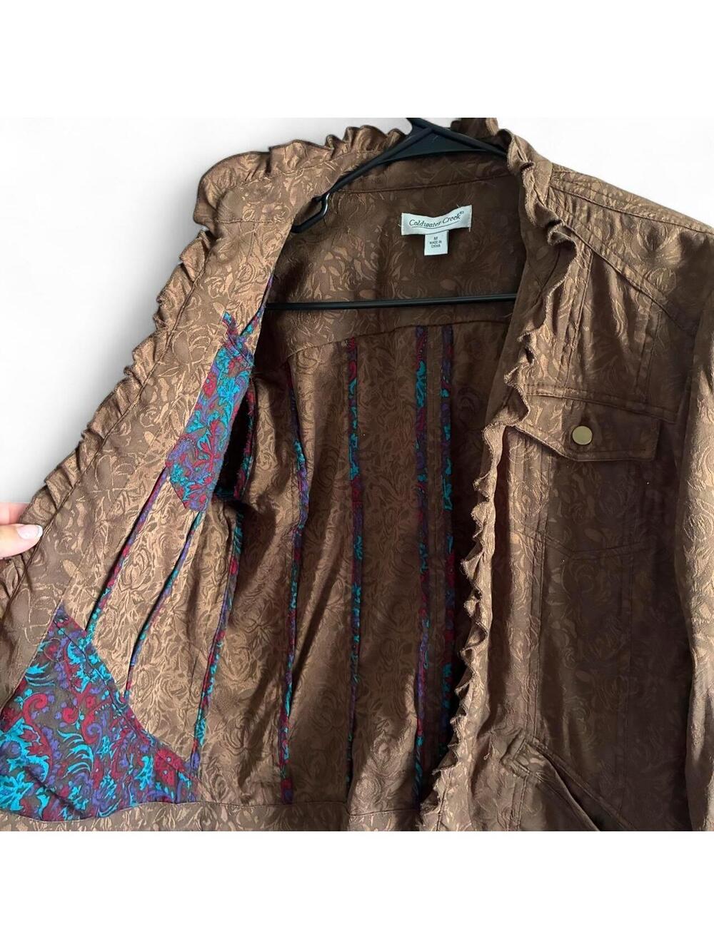 Fall Jacket Coldwater Creek Women's Brown Floral Jacquard Bomber Jacket Medium